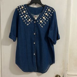 Vintage Donna USA Embellished 90s Vintage Short Sleeve Denim Blouse.